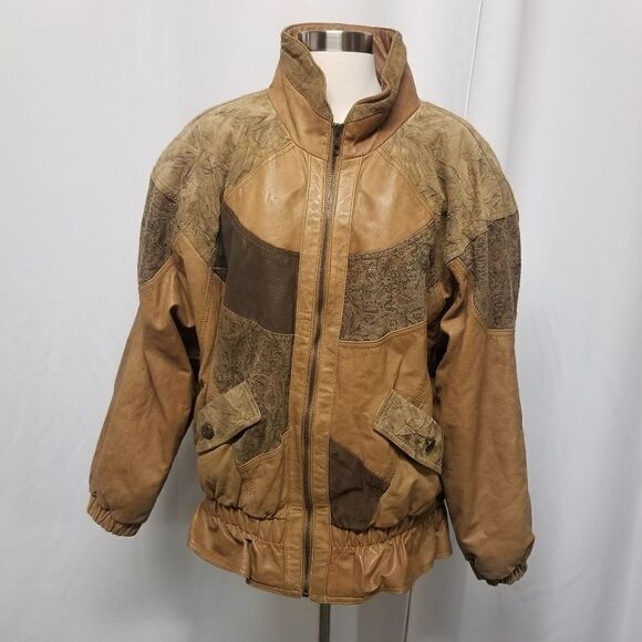 Vintage The Bad Lands Tan Patchwork Bomber Jacket Boho Woman's Large - Picture 1 of 9